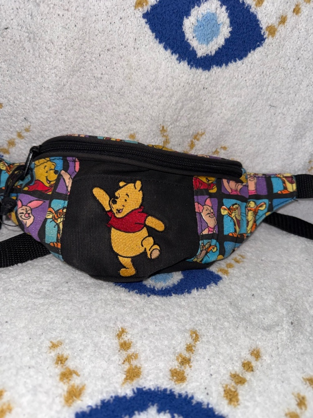 Vintage Disney Winnie the Pooh Black Fanny Pack with Colorful Character Panels